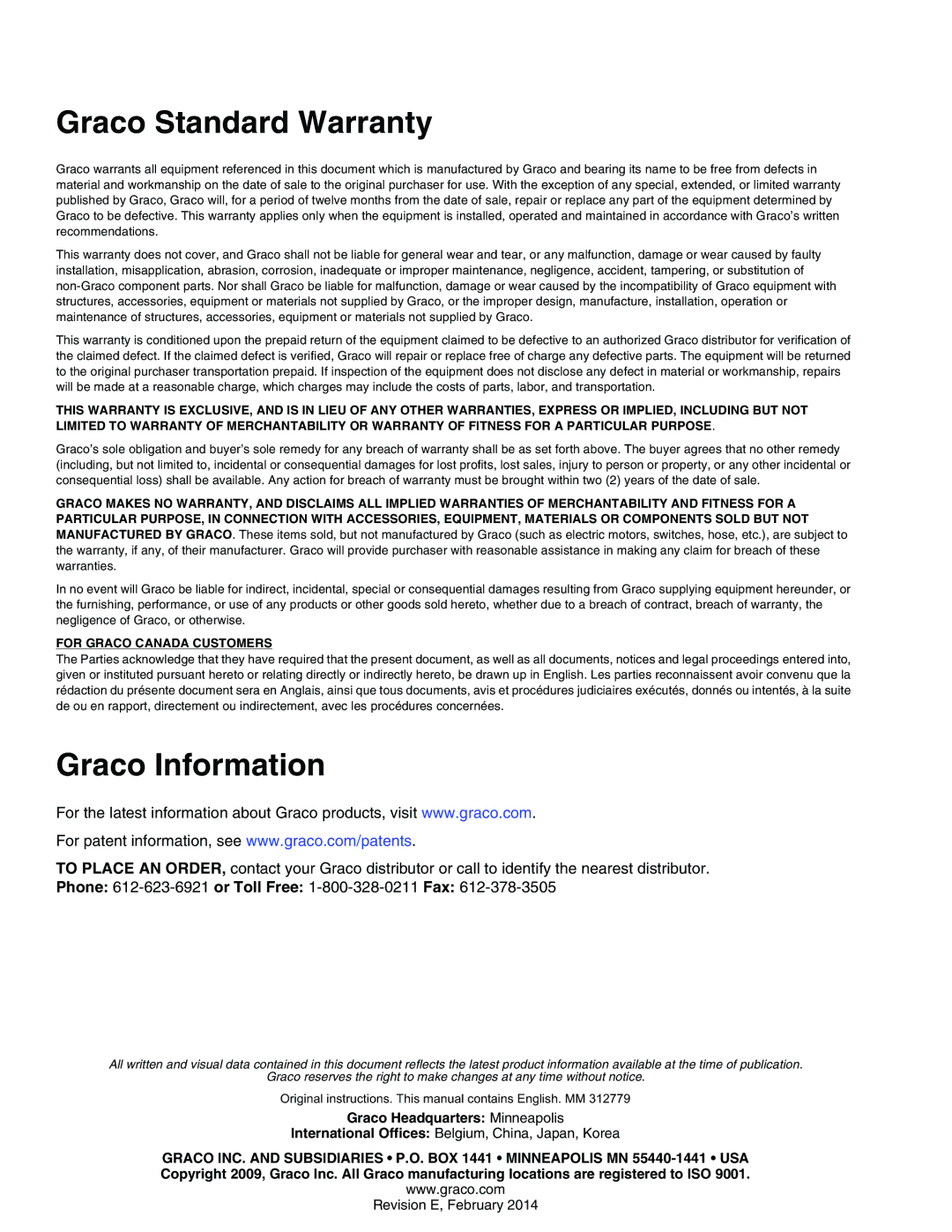 Graco TI12552a, TI12553a important safety instructions Graco Standard Warranty, Graco Information 