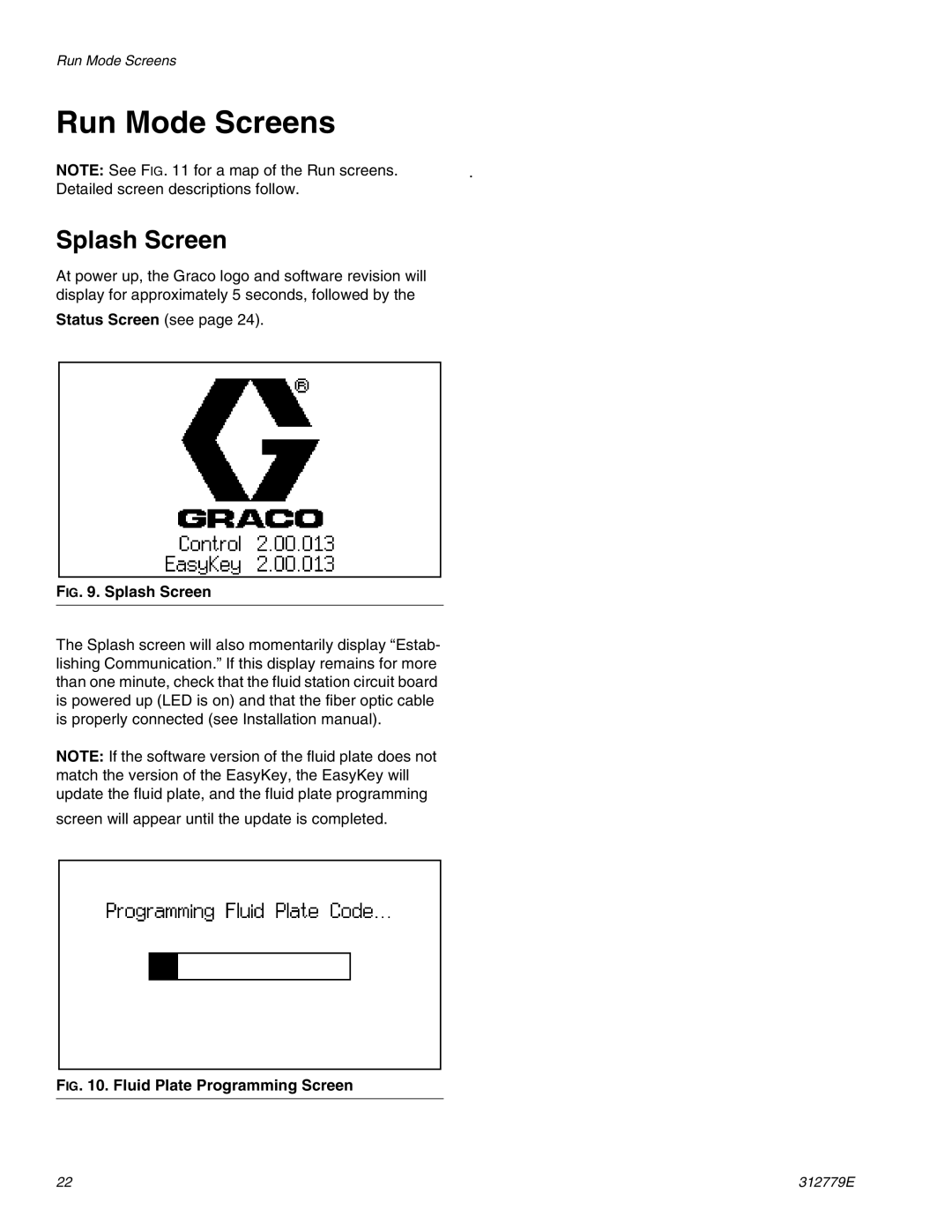 Graco TI12552a, TI12553a important safety instructions Run Mode Screens, Splash Screen, Status Screen see 