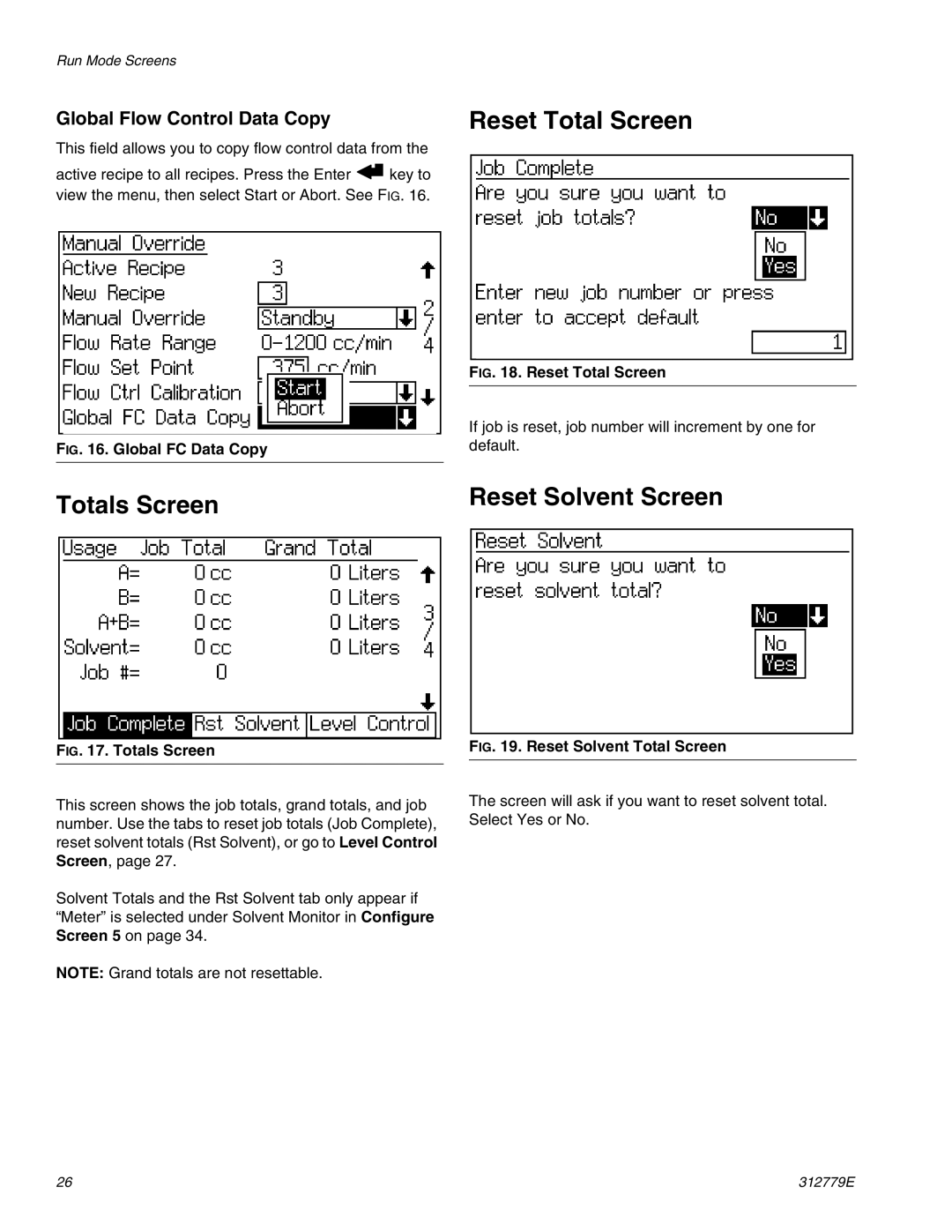 Graco TI12552a, TI12553a Reset Total Screen, Totals Screen Reset Solvent Screen, Global Flow Control Data Copy 