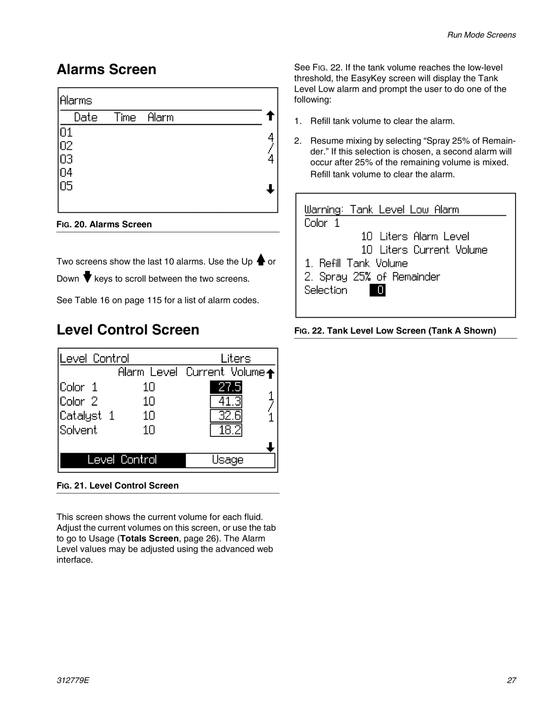 Graco TI12553a, TI12552a important safety instructions Alarms Screen, Level Control Screen 