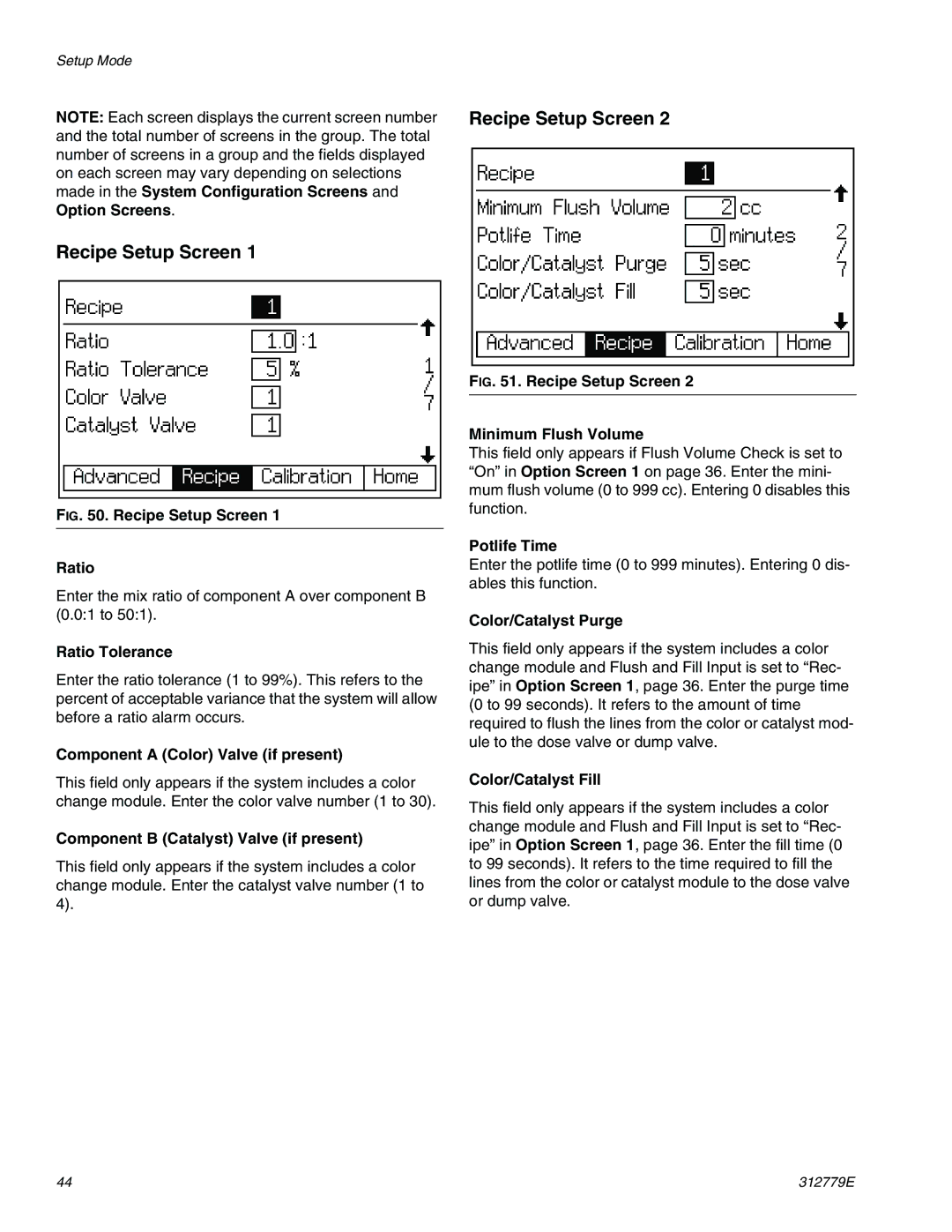 Graco TI12552a, TI12553a Recipe Setup Screen, Ratio Tolerance, Component a Color Valve if present, Potlife Time 