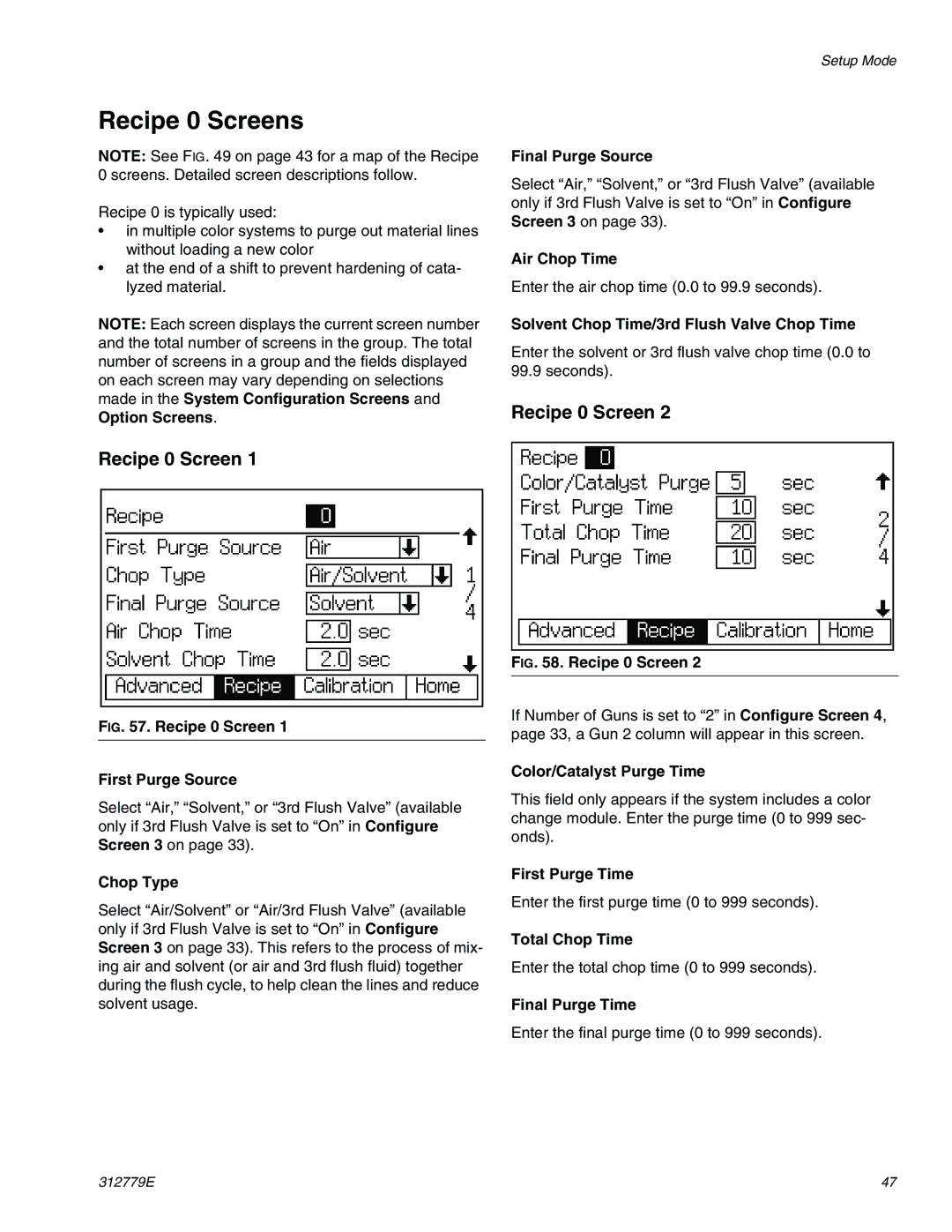 Graco TI12553a, TI12552a important safety instructions Recipe 0 Screens, Option Screens, Color/Catalyst Purge Time 