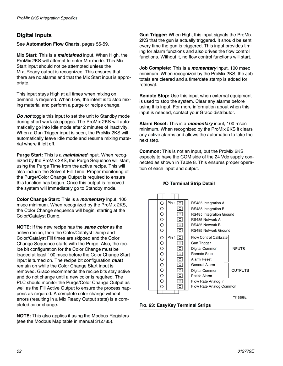 Graco TI12552a, TI12553a Digital Inputs, See Automation Flow Charts, pages, Terminal Strip Detail 