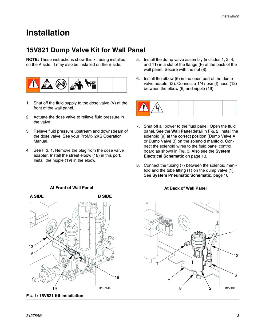 Graco TI12743a, TI12954a important safety instructions Installation, 15V821 Dump Valve Kit for Wall Panel 