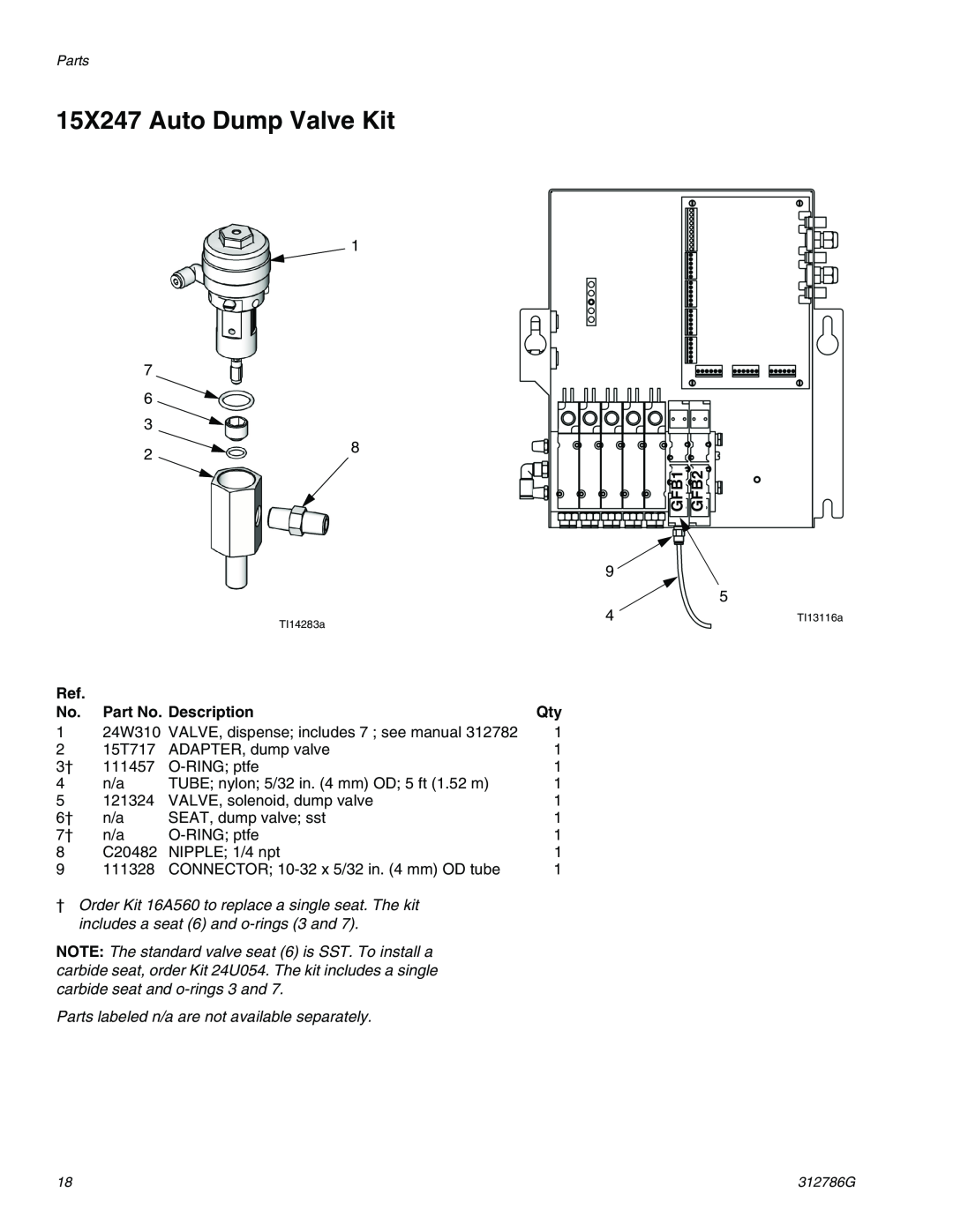 Graco TI12954a, TI12743a important safety instructions 15X247 Auto Dump Valve Kit, GFB1, GFB2, Part No. Description 