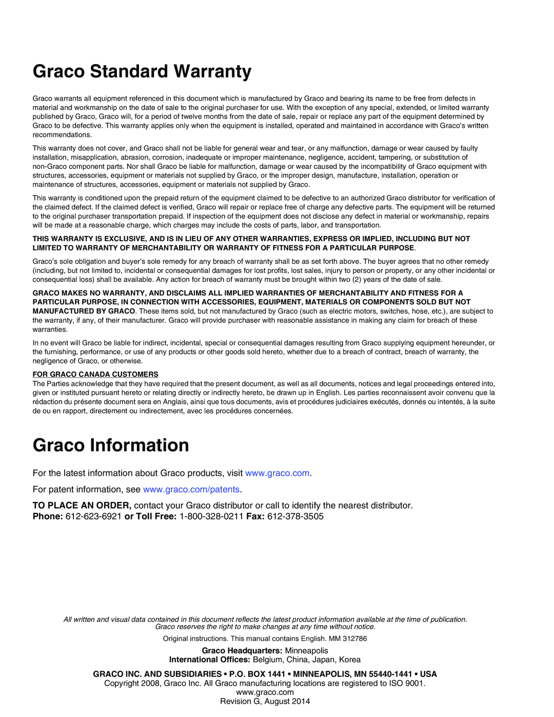 Graco TI12954a, TI12743a Graco Standard Warranty, Graco Information, International Offices Belgium, China, Japan, Korea 