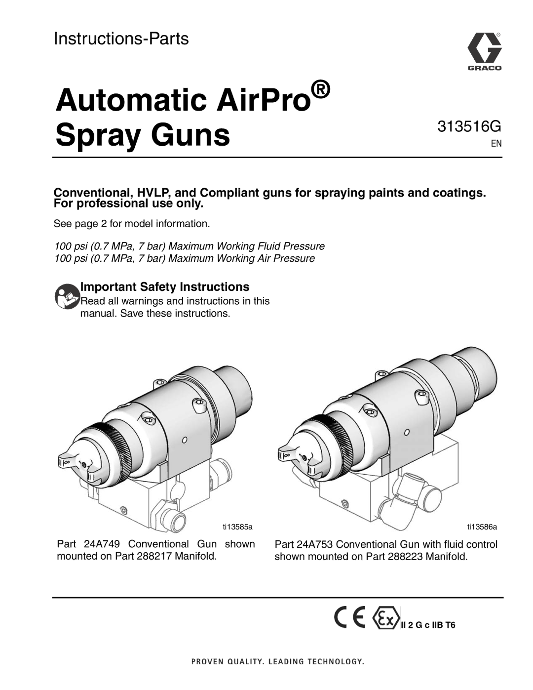 Graco ti13586a, ti13585a important safety instructions Automatic AirPro Spray Guns, Important Safety Instructions 