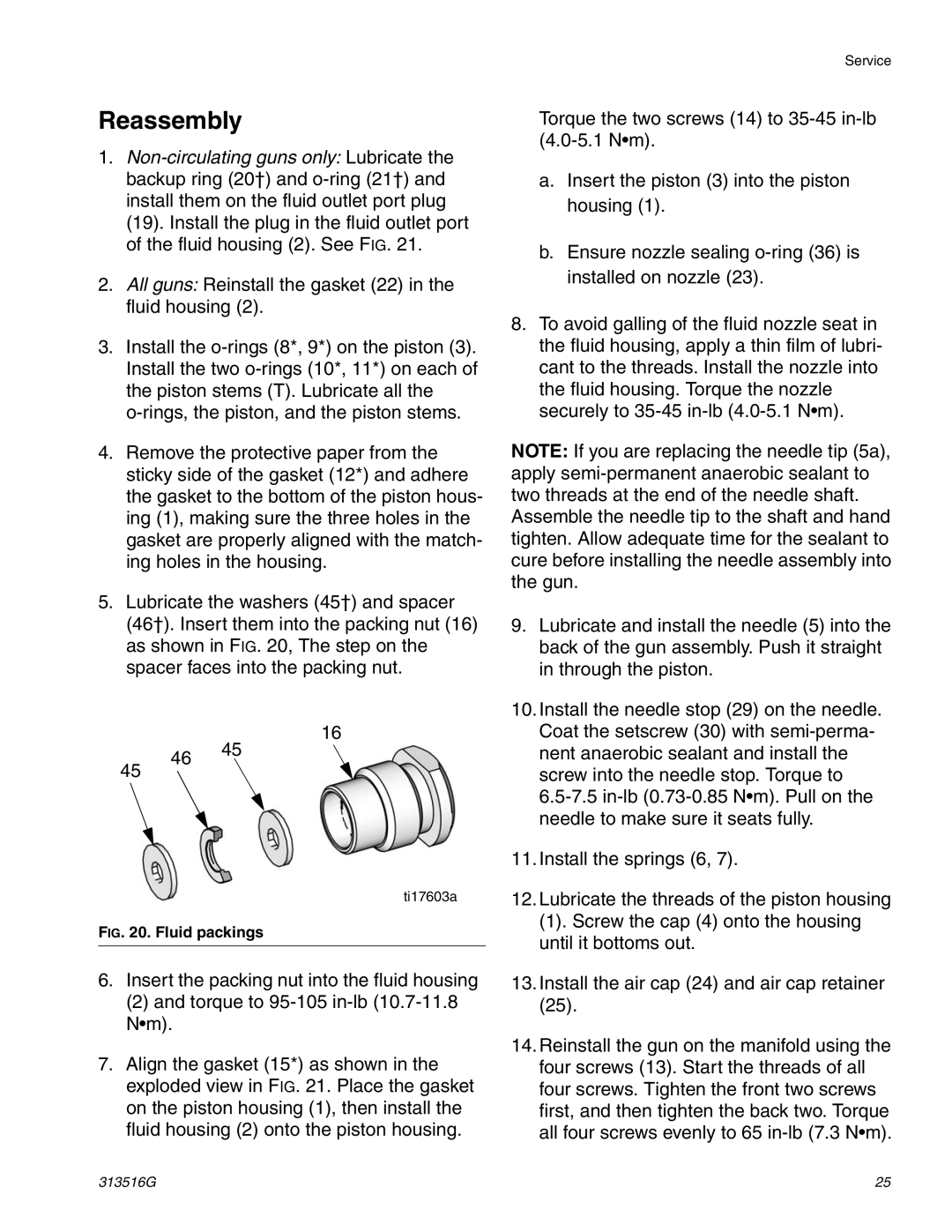 Graco ti13586a, ti13585a important safety instructions Reassembly, Fluid packings 