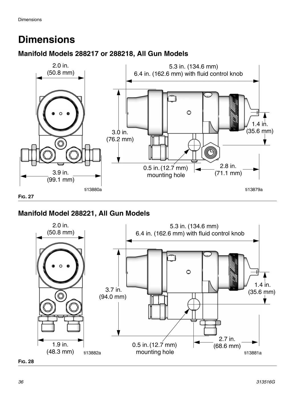 Graco ti13585a Dimensions, Manifold Models 288217 or 288218, All Gun Models, Manifold Model 288221, All Gun Models 