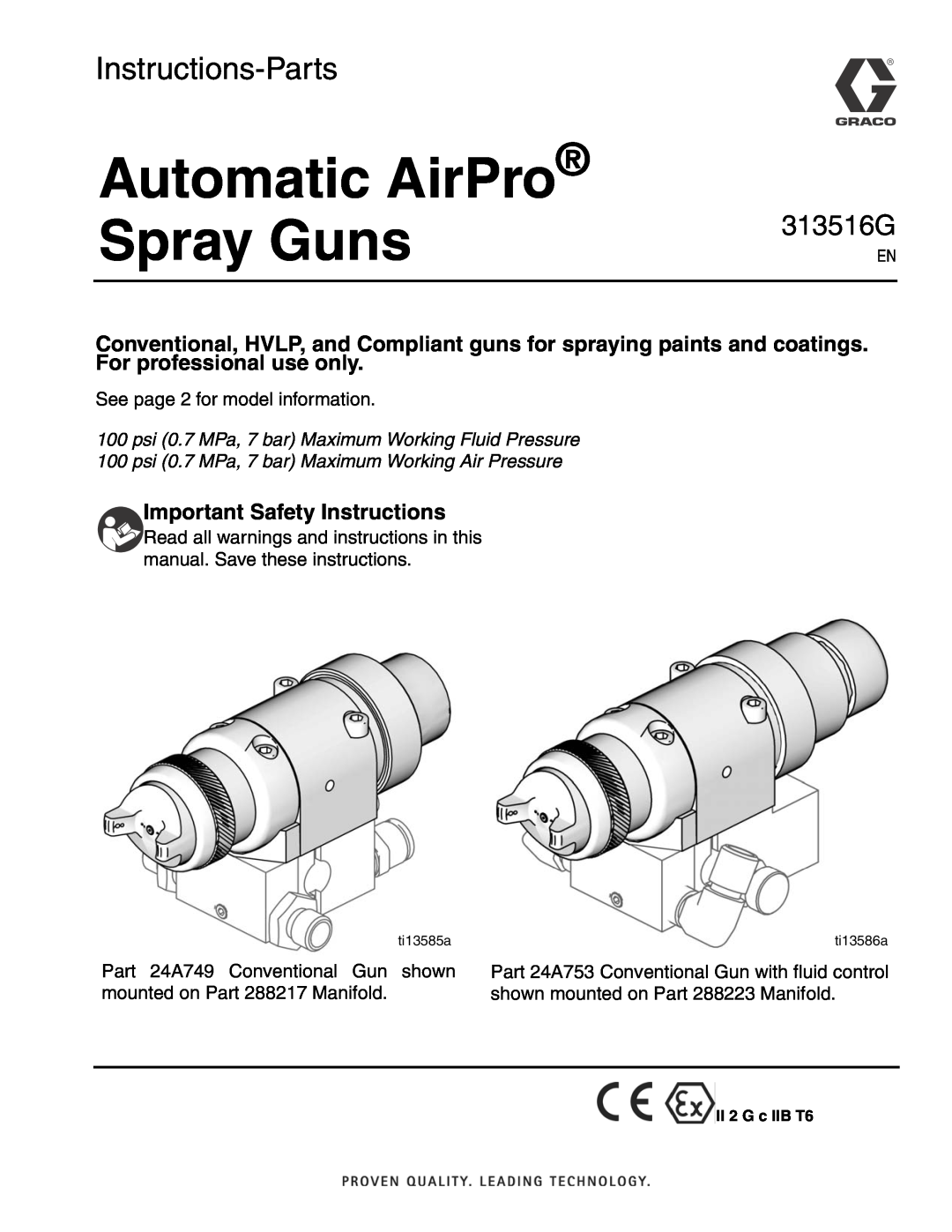 Graco ti13586a, ti13585a important safety instructions Important Safety Instructions, Automatic AirPro Spray Guns, 313516G 