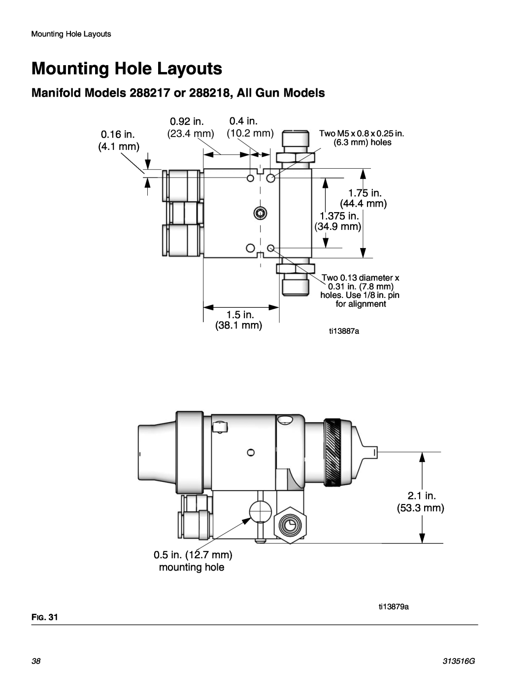 Graco ti13585a Mounting Hole Layouts, Manifold Models 288217 or 288218, All Gun Models, for alignment, ti13887a, ti13879a 
