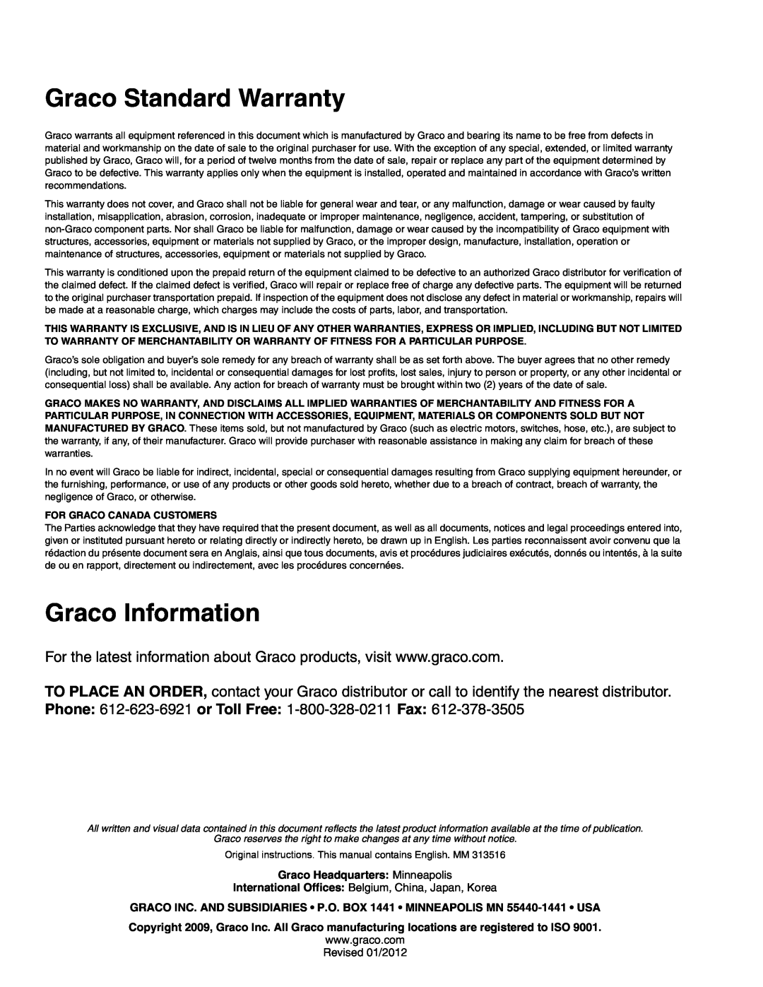 Graco ti13585a, ti13586a important safety instructions Graco Standard Warranty, Graco Information 