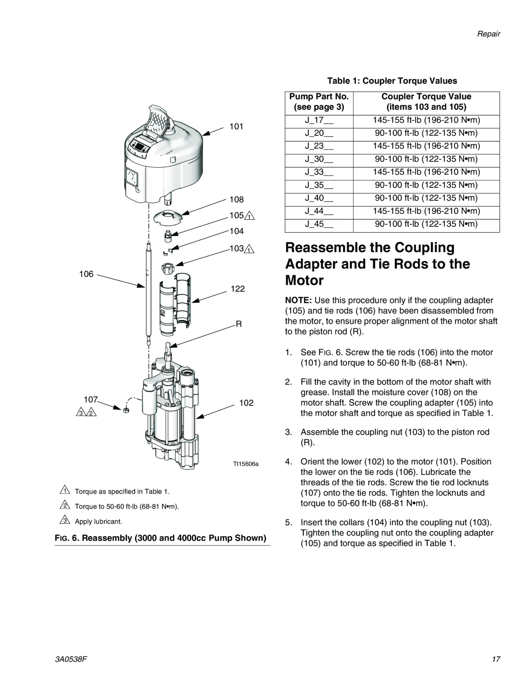 Graco TI15605a, TI15596a Reassemble the Coupling, Adapter and Tie Rods to, Motor, Coupler Torque Values, See Items 103 