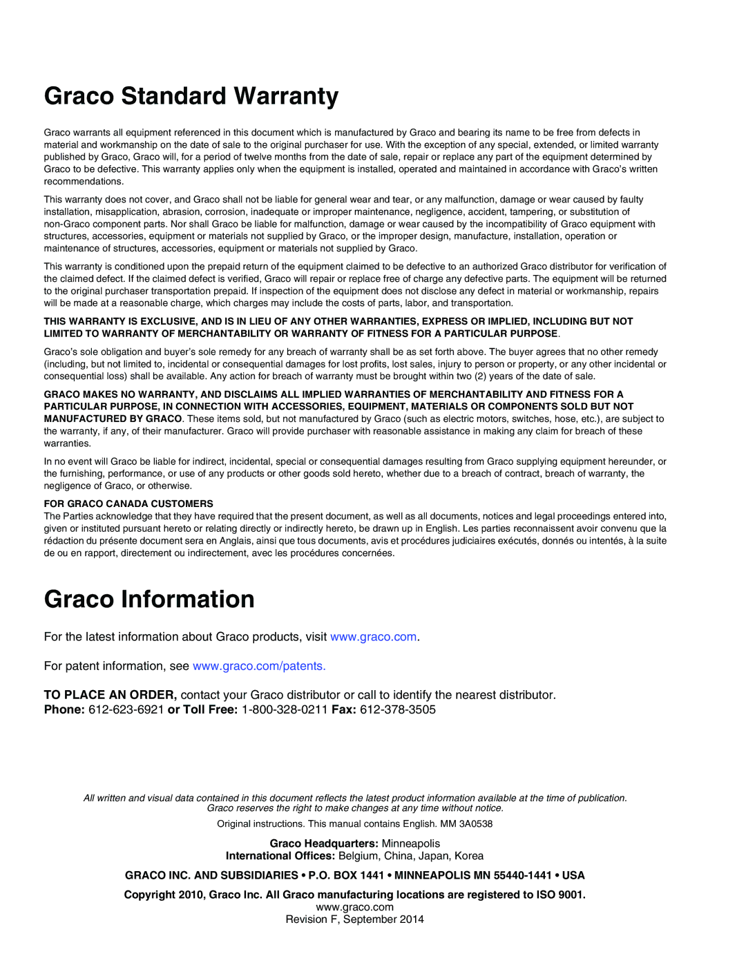 Graco TI15596a, TI15605a important safety instructions Graco Standard Warranty, Graco Information 