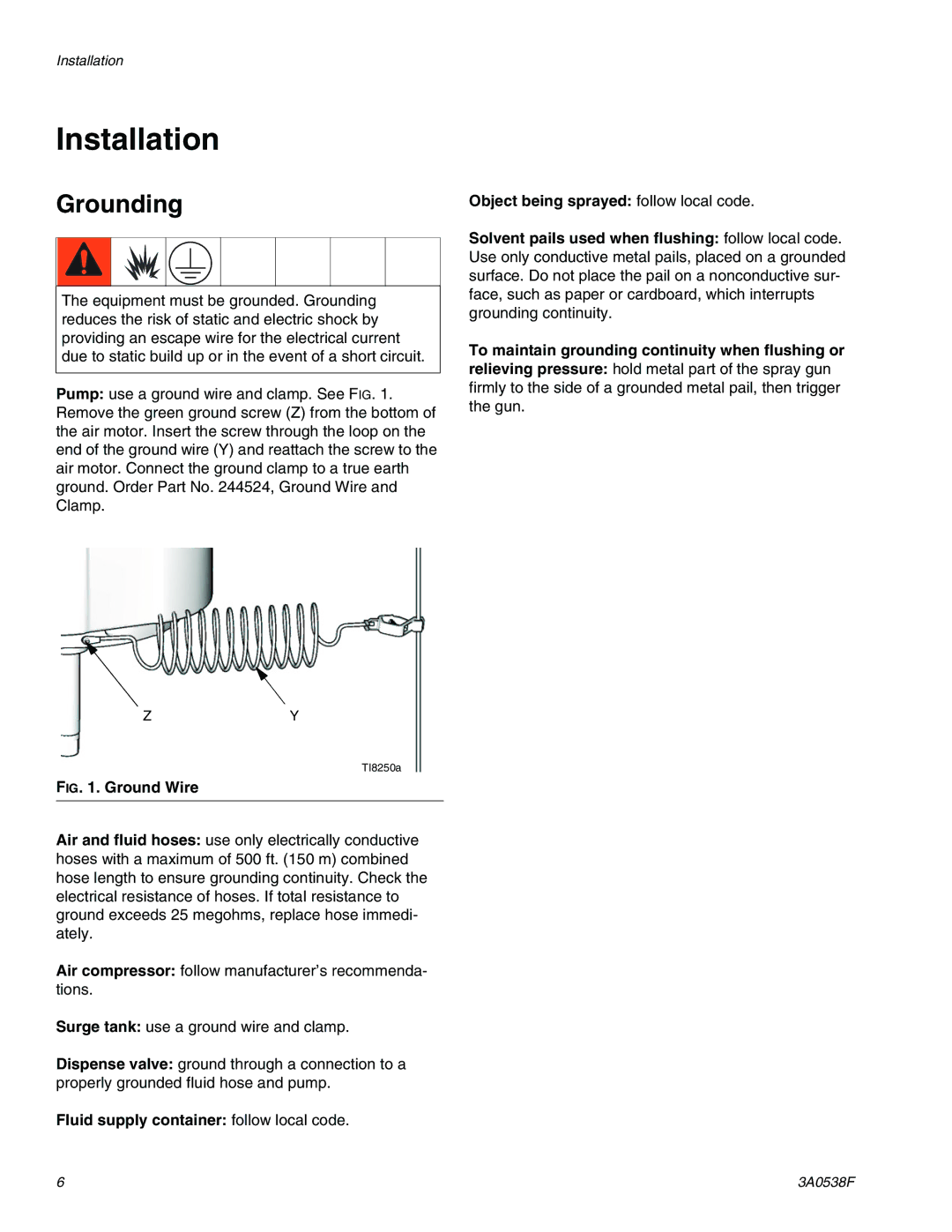 Graco TI15596a, TI15605a important safety instructions Installation, Grounding, Fluid supply container follow local code 