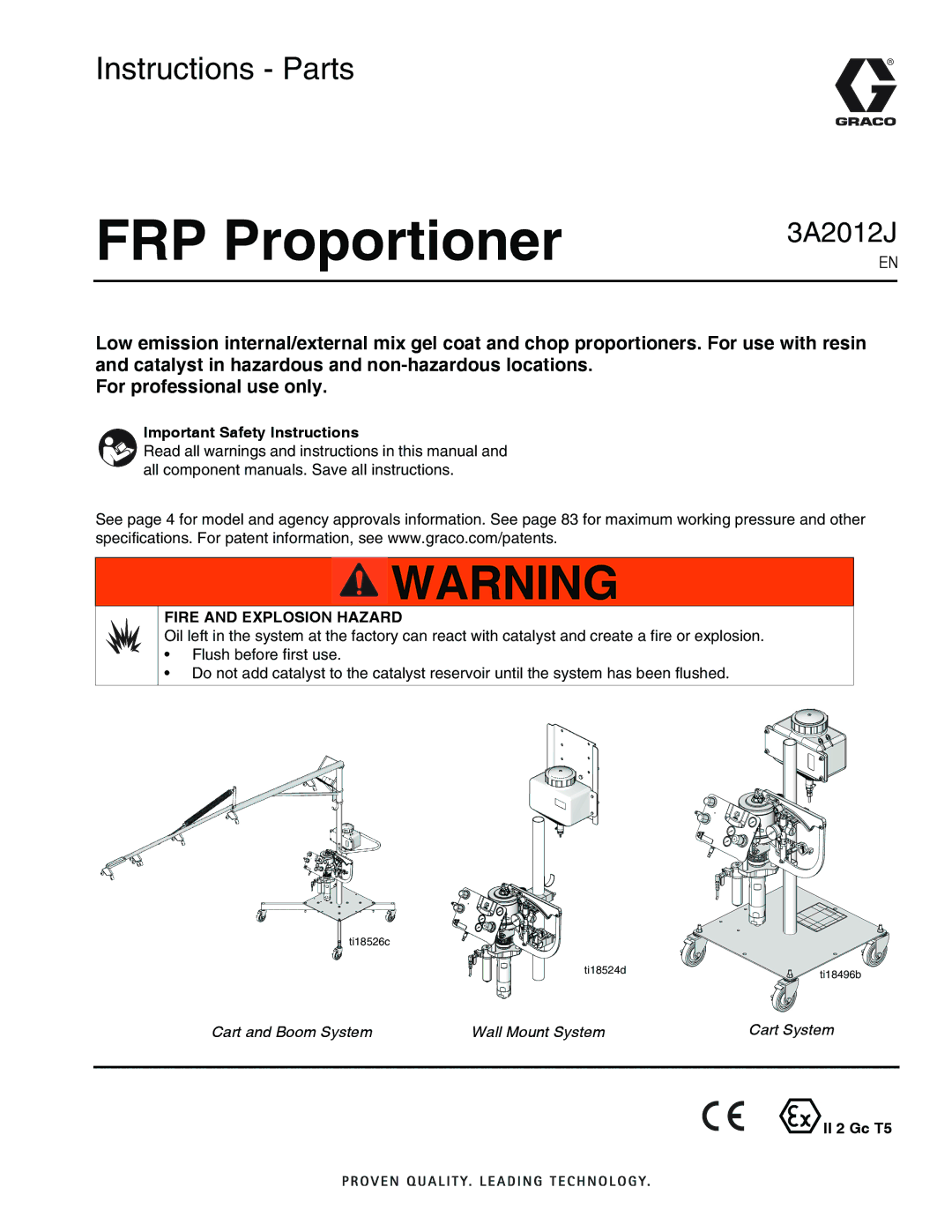 Graco ti18496b, ti18524d, ti18526c specifications FRP Proportioner, Important Safety Instructions 