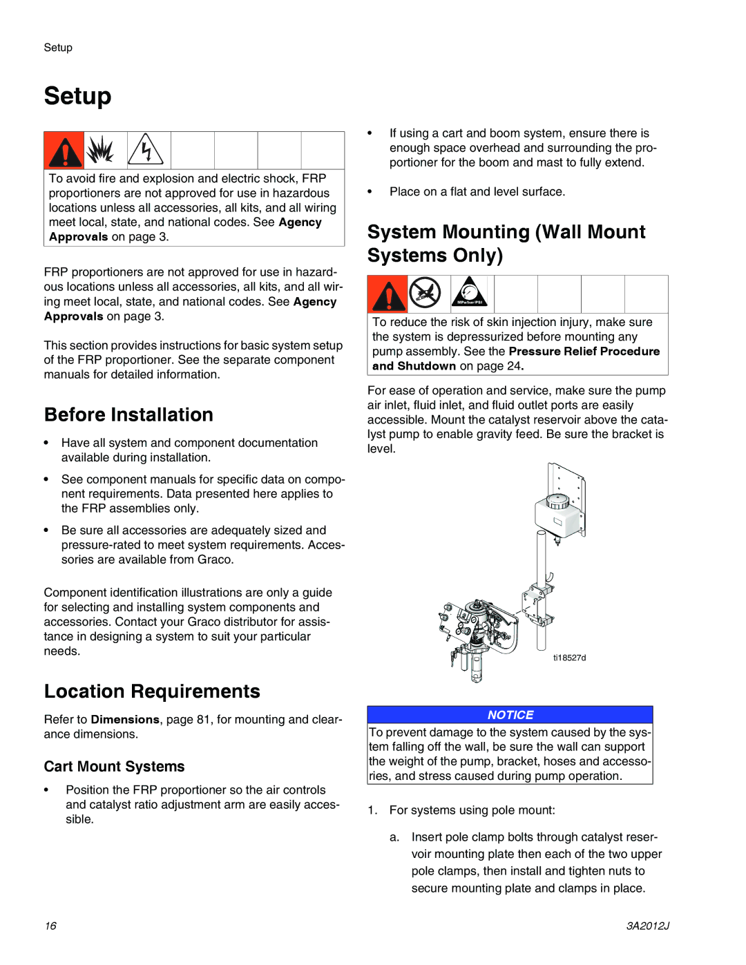 Graco ti18496b, ti18524d Setup, Before Installation, Location Requirements, System Mounting Wall Mount Systems Only 