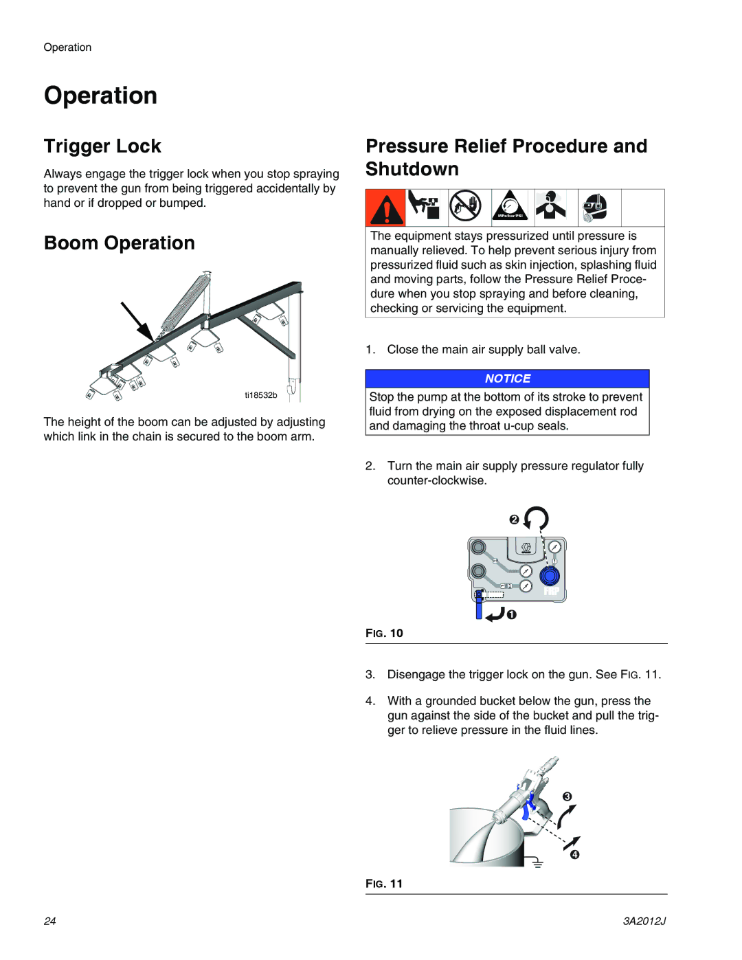 Graco ti18524d, ti18496b, ti18526c specifications Trigger Lock, Boom Operation, Pressure Relief Procedure and Shutdown 