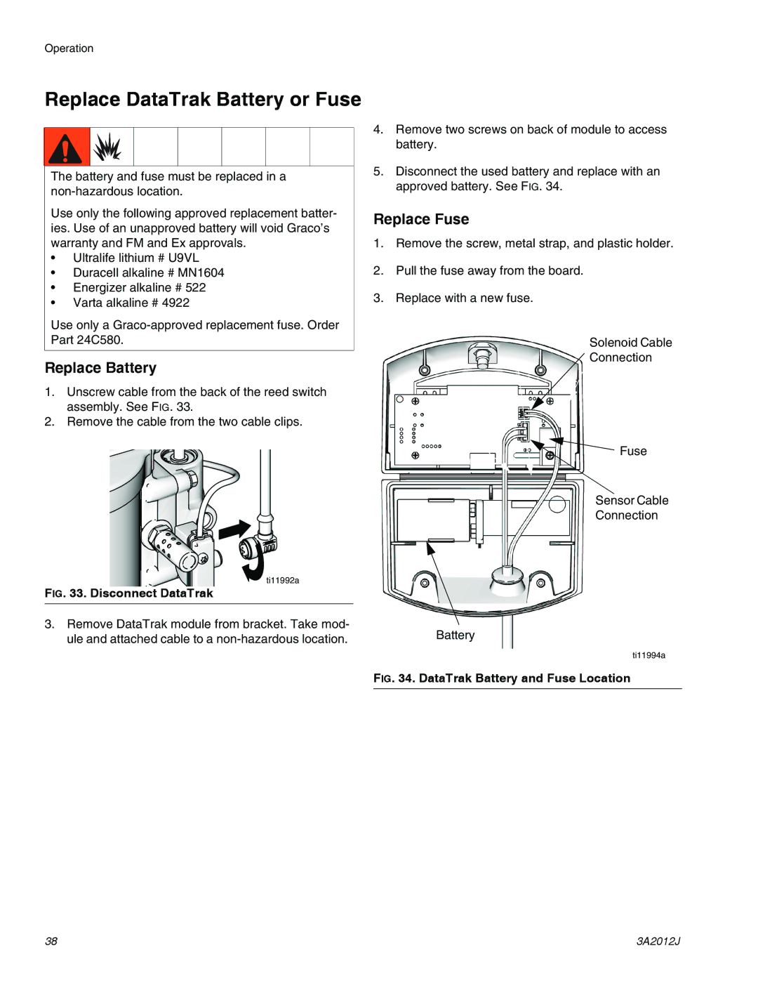 Graco ti18526c, ti18524d, ti18496b specifications Replace DataTrak Battery or Fuse, Disconnect DataTrak 