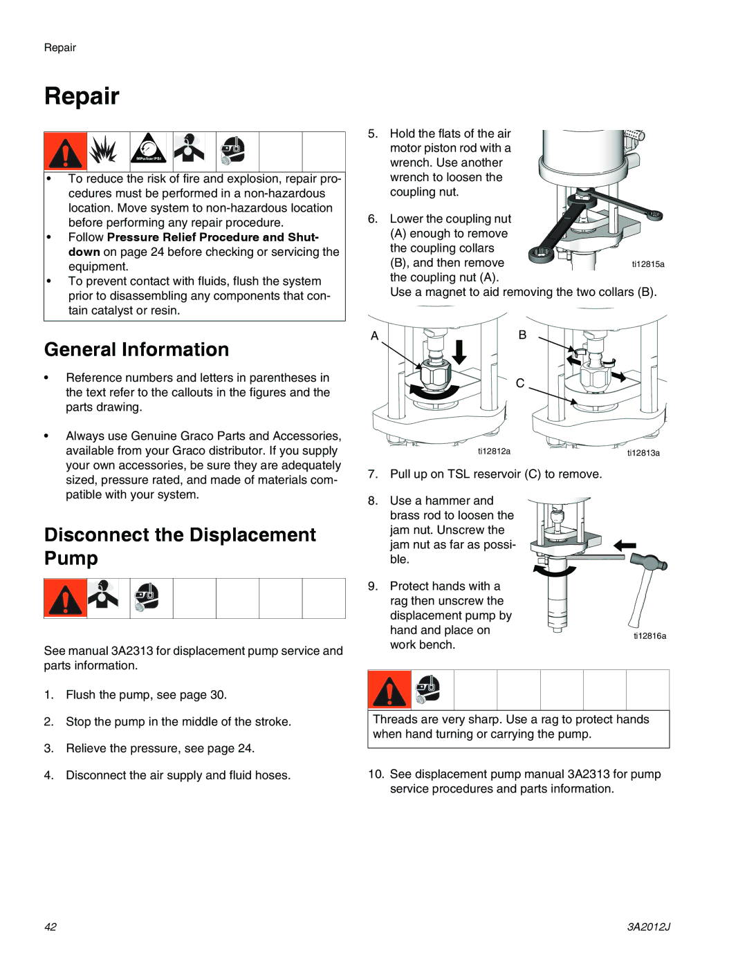 Graco ti18524d, ti18496b, ti18526c specifications Repair, General Information, Disconnect the Displacement Pump 