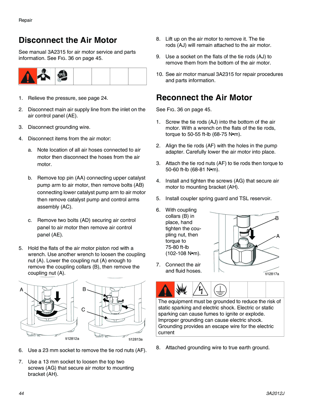 Graco ti18526c, ti18524d, ti18496b specifications Disconnect the Air Motor, Reconnect the Air Motor 