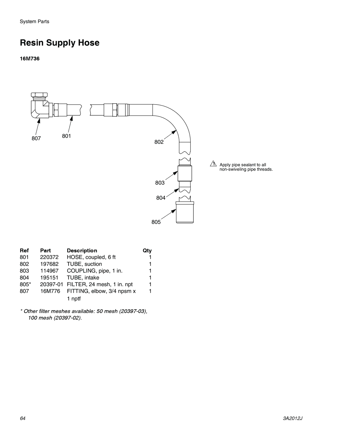 Graco ti18496b, ti18524d, ti18526c specifications Resin Supply Hose, 16M736 