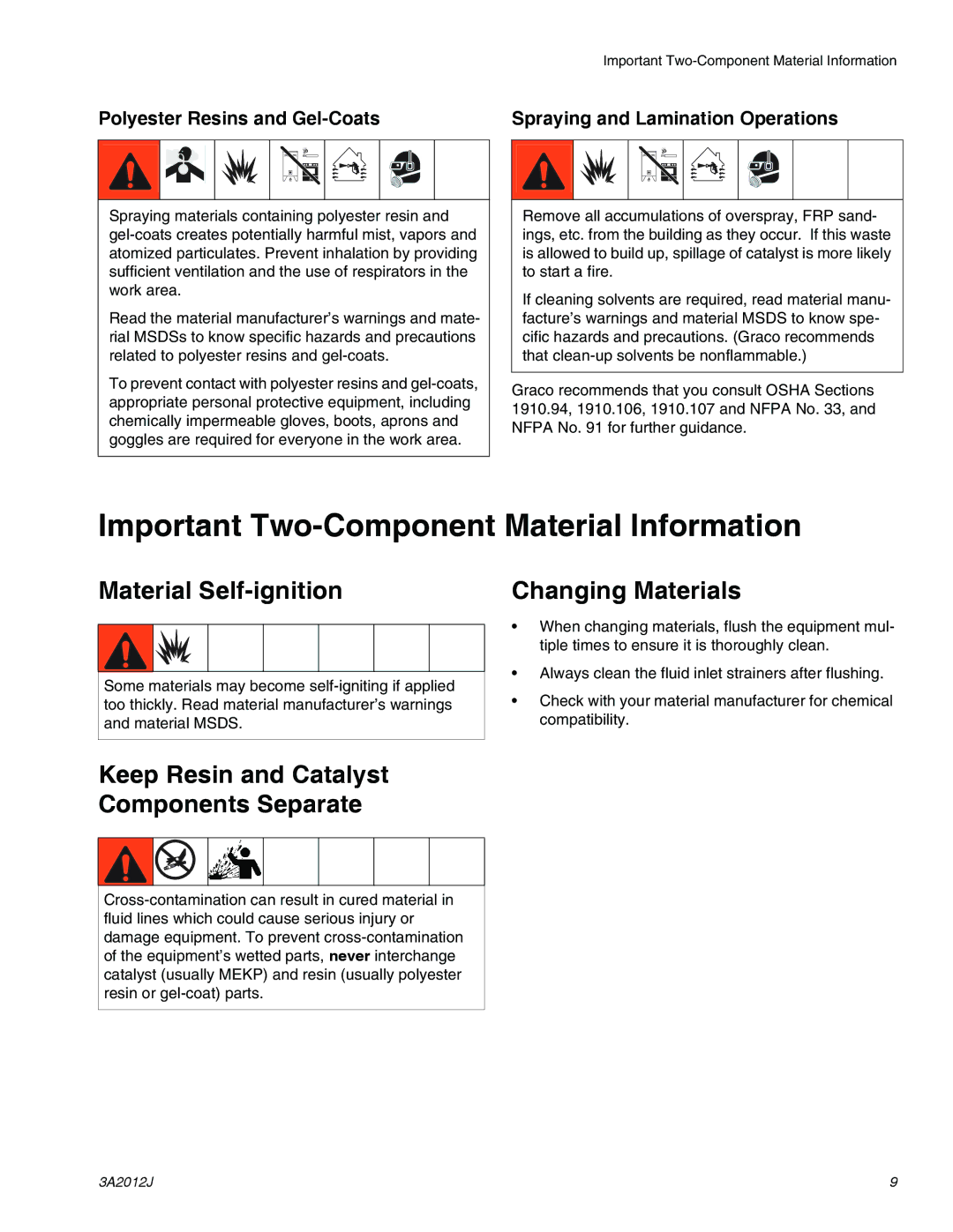 Graco ti18524d, ti18496b, ti18526c Important Two-Component Material Information, Material Self-ignition, Changing Materials 