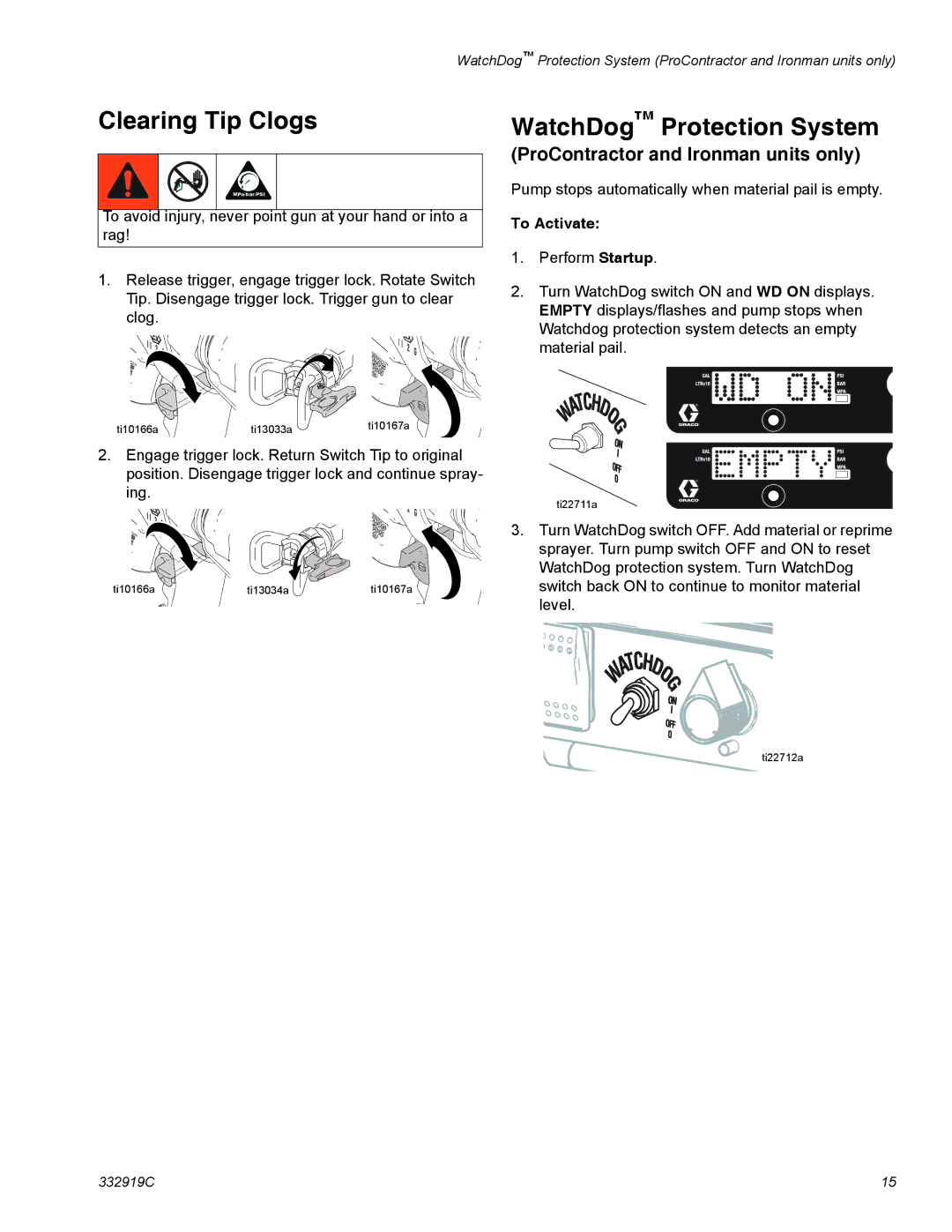 Graco 16W888, ti23055a, 16W884, 16W881 Clearing Tip Clogs, WatchDog Protection System, ProContractor and Ironman units only 