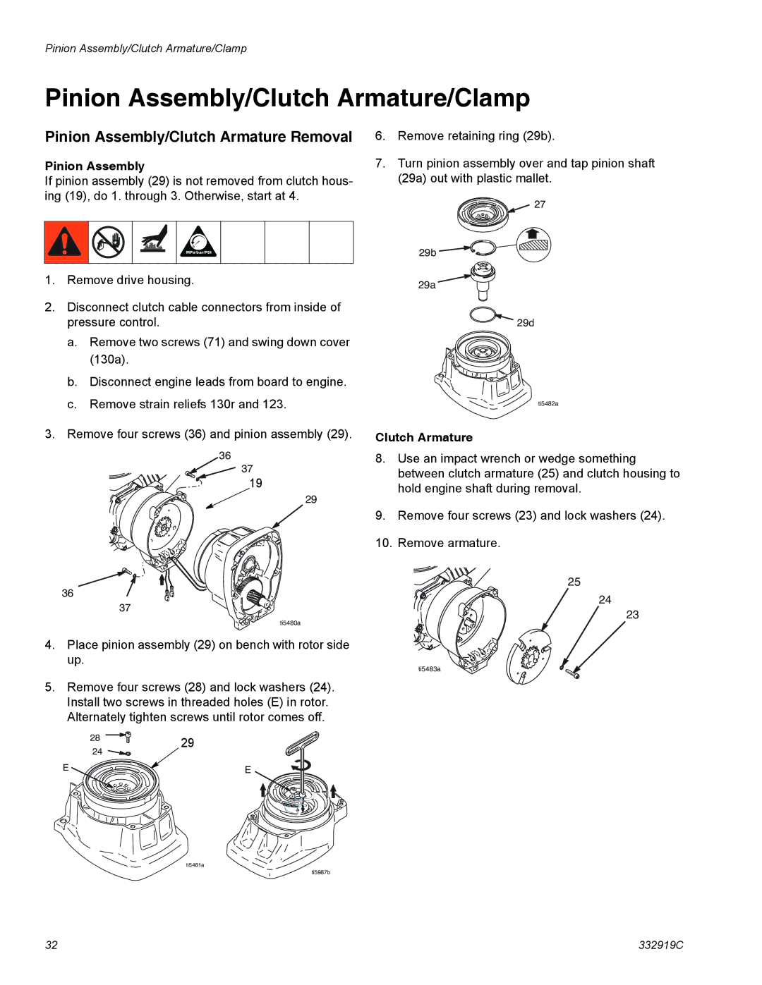 Graco 16W885, ti23055a, 16W884, 16W881, 16W867 Pinion Assembly/Clutch Armature/Clamp, Pinion Assembly/Clutch Armature Removal 