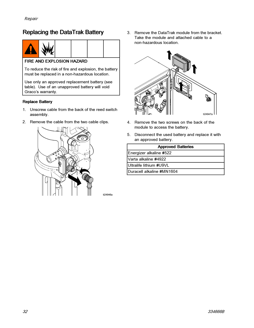 Graco ti25442a manual Replacing the DataTrak Battery, Replace Battery, Approved Batteries 