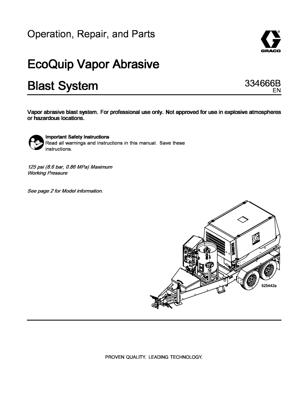 Graco ti25442a manual Important Safety Instructions, See page 2 for Model information, EcoQuip Vapor Abrasive Blast System 
