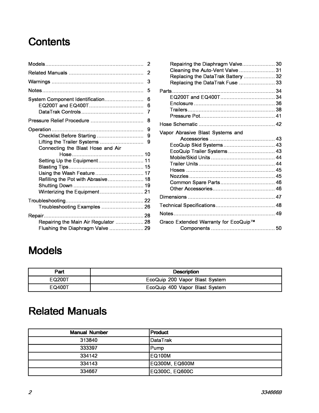 Graco ti25442a manual Contents, Models, Related Manuals, Part, Description, Manual Number, Product, 334666B 