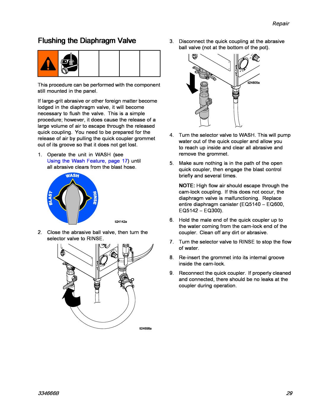 Graco ti25442a manual Flushing the Diaphragm Valve, Repair, 334666B 