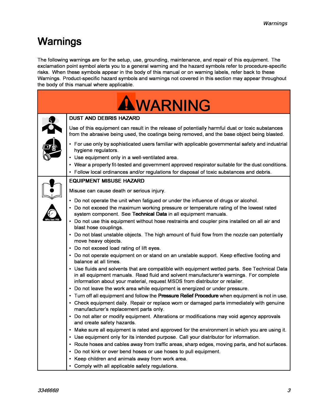 Graco ti25442a manual Warnings, Dust And Debris Hazard, Equipment Misuse Hazard, 334666B 