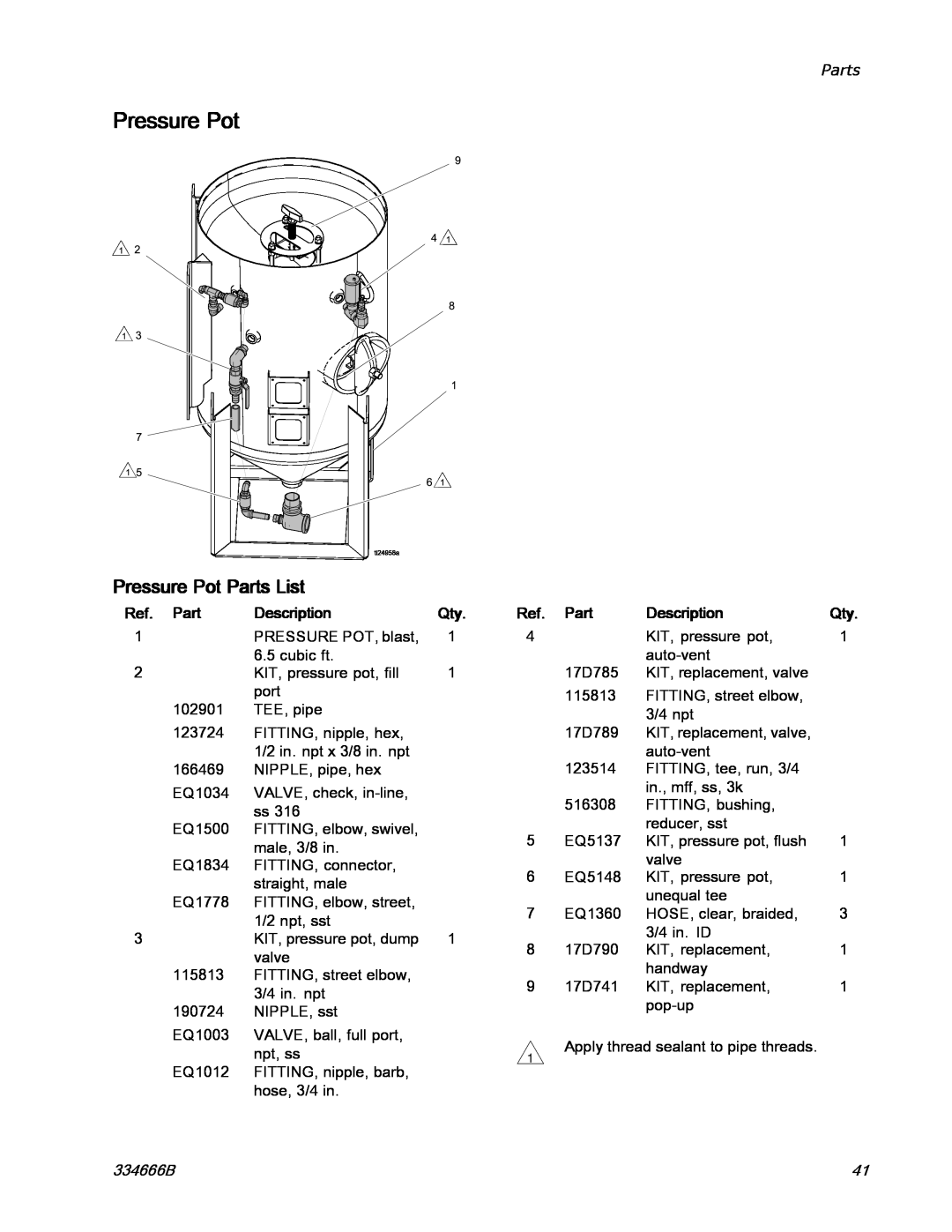 Graco ti25442a manual Pressure Pot Parts List, Ref. Part, Description, 334666B 