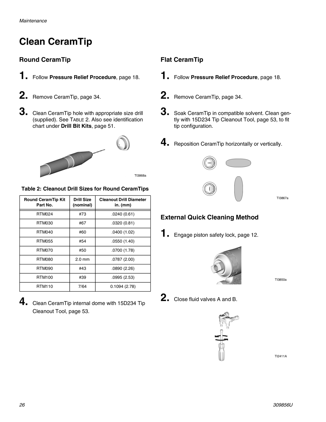 Graco TI3840a important safety instructions Clean CeramTip, Round CeramTip, Flat CeramTip, External Quick Cleaning Method 