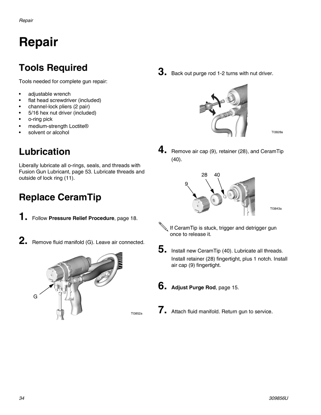 Graco TI3840a important safety instructions Repair, Tools Required, Lubrication, Replace CeramTip 