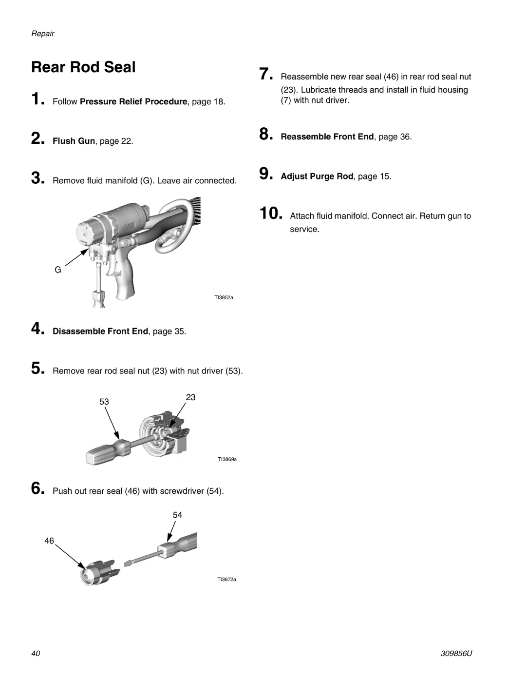 Graco TI3840a important safety instructions Rear Rod Seal, Reassemble Front End, Adjust Purge Rod 