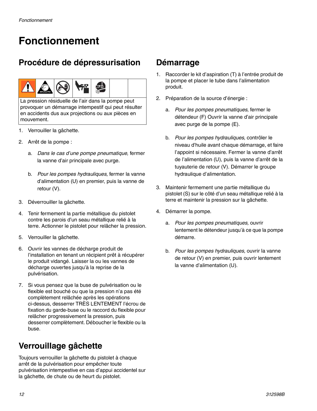 Graco TI8900a, TI8885a manual Fonctionnement, Procédure de dépressurisation, Verrouillage gâchette, Démarrage 