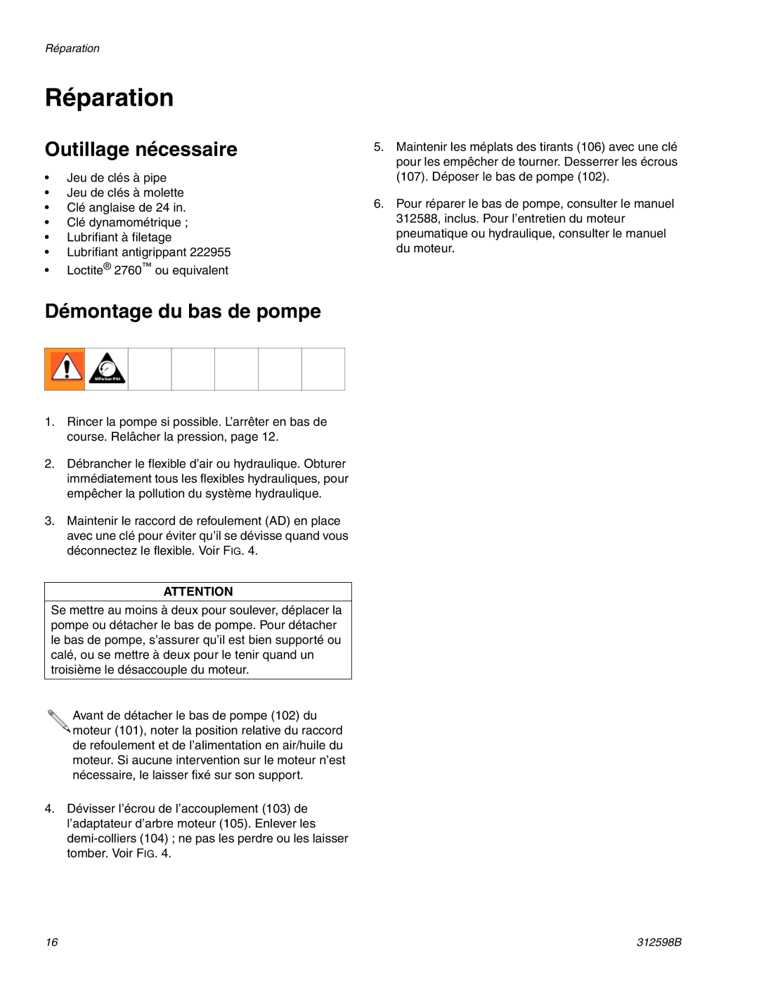 Graco TI8900a, TI8885a manual Réparation, Outillage nécessaire, Démontage du bas de pompe 