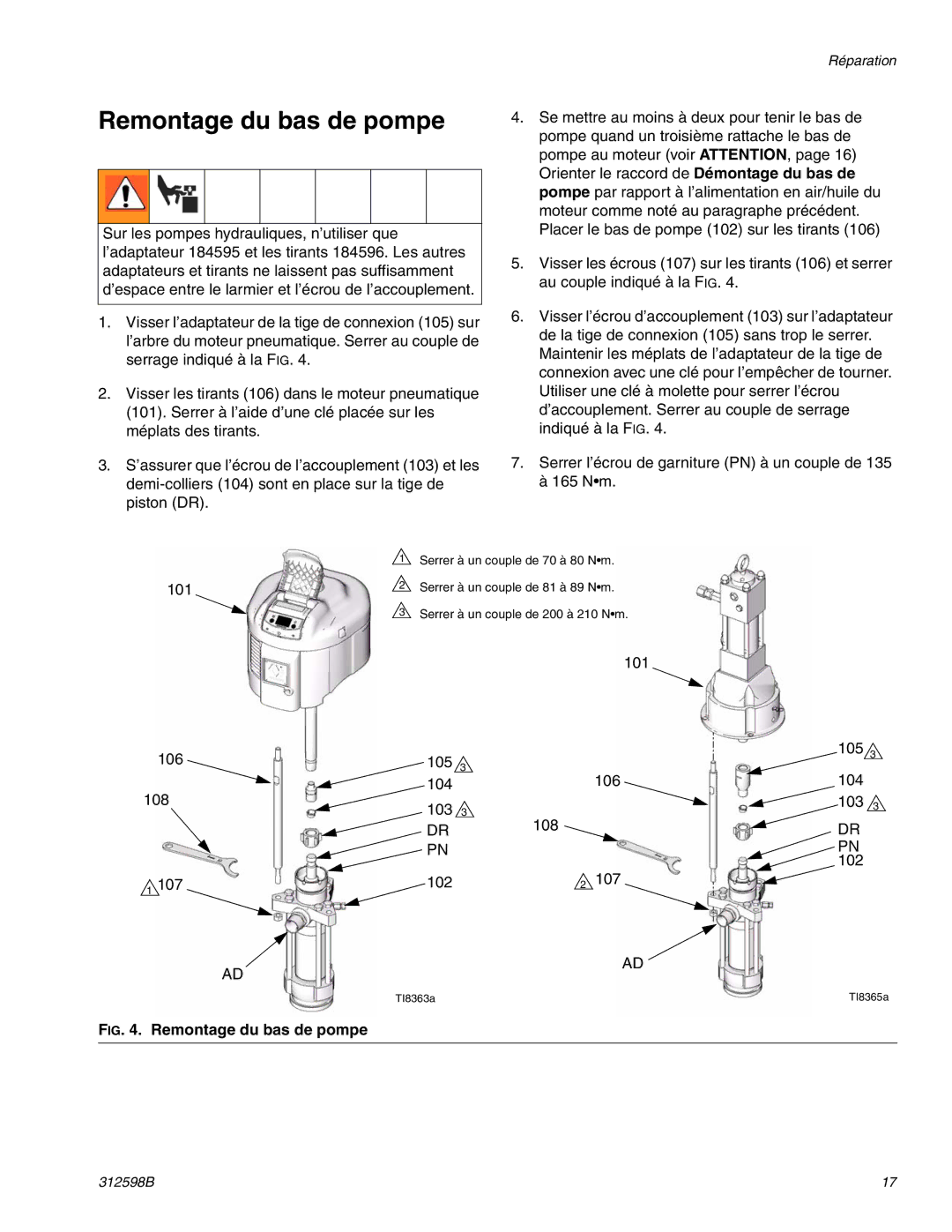 Graco TI8885a, TI8900a manual Remontage du bas de pompe 