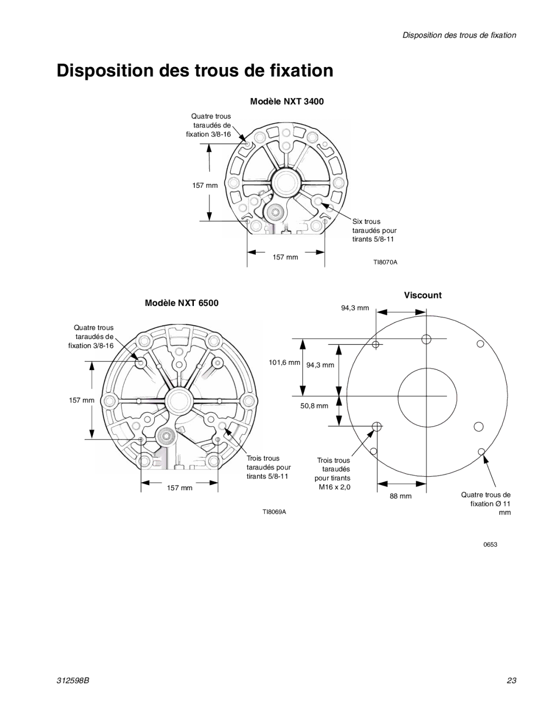 Graco TI8885a, TI8900a manual Disposition des trous de fixation, Modèle NXT, Viscount 