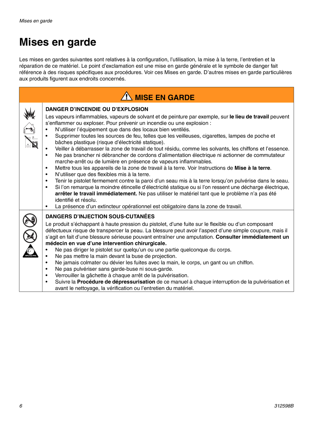 Graco TI8900a, TI8885a manual Mises en garde, Mise EN Garde 