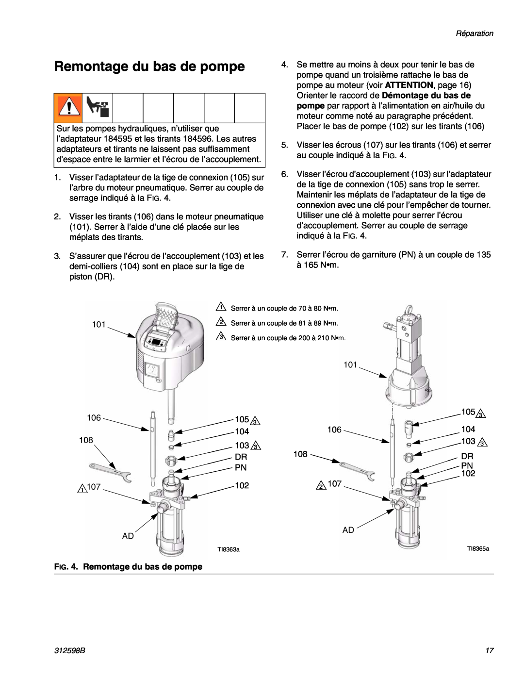 Graco TI8885a, TI8900a manual Remontage du bas de pompe 