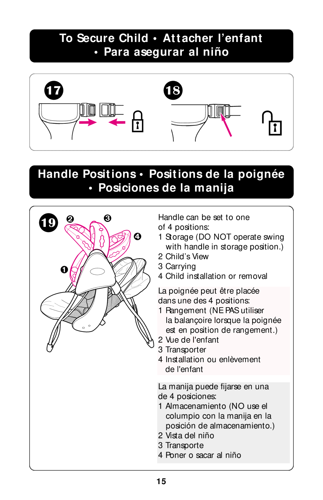 Graco Type 1850 manual 19  , To Secure Child Attacher l’enfant Para asegurar al niño 