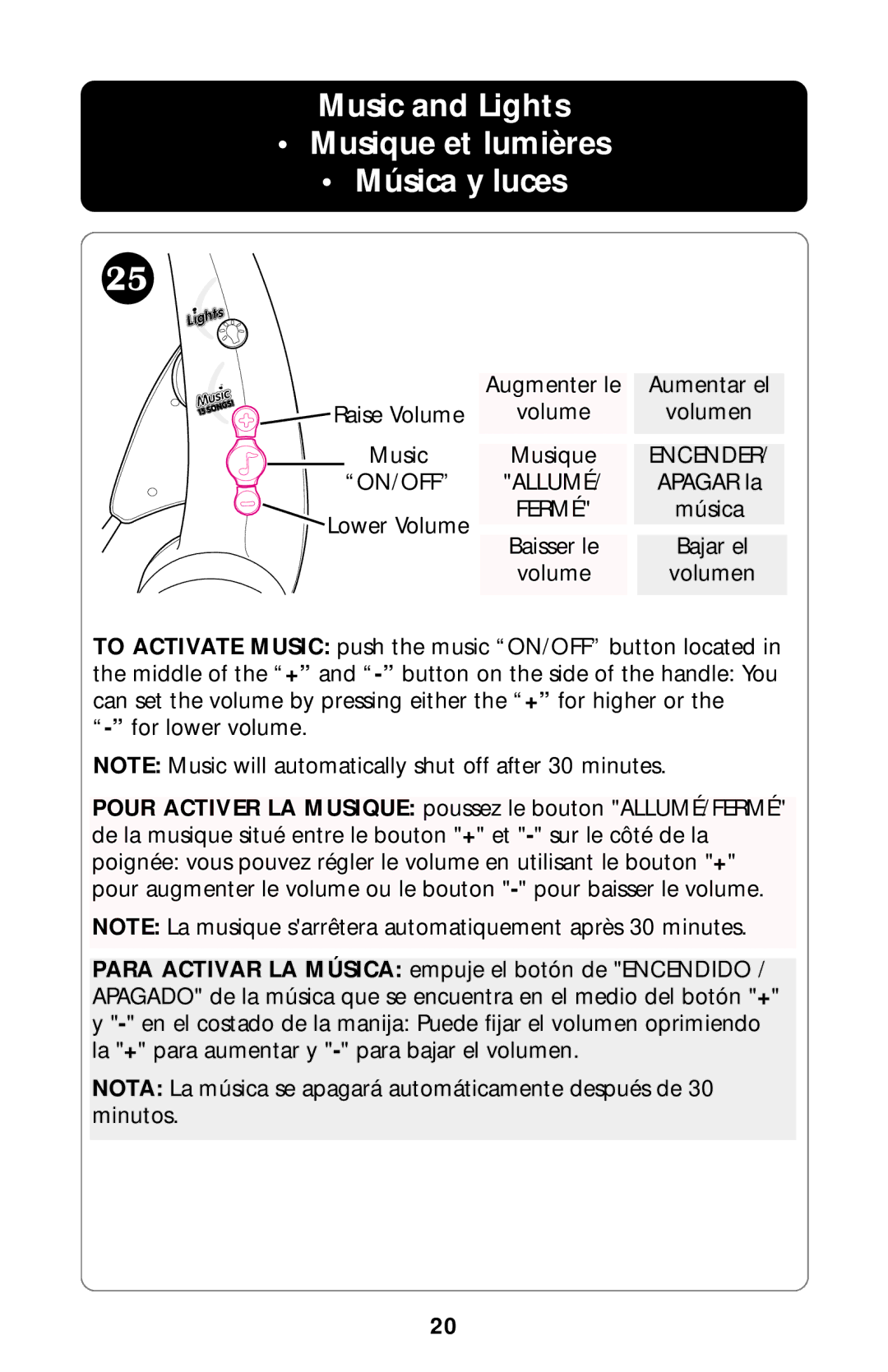 Graco Type 1850 manual Music and Lights Musique et lumières Música y luces, On/Off 