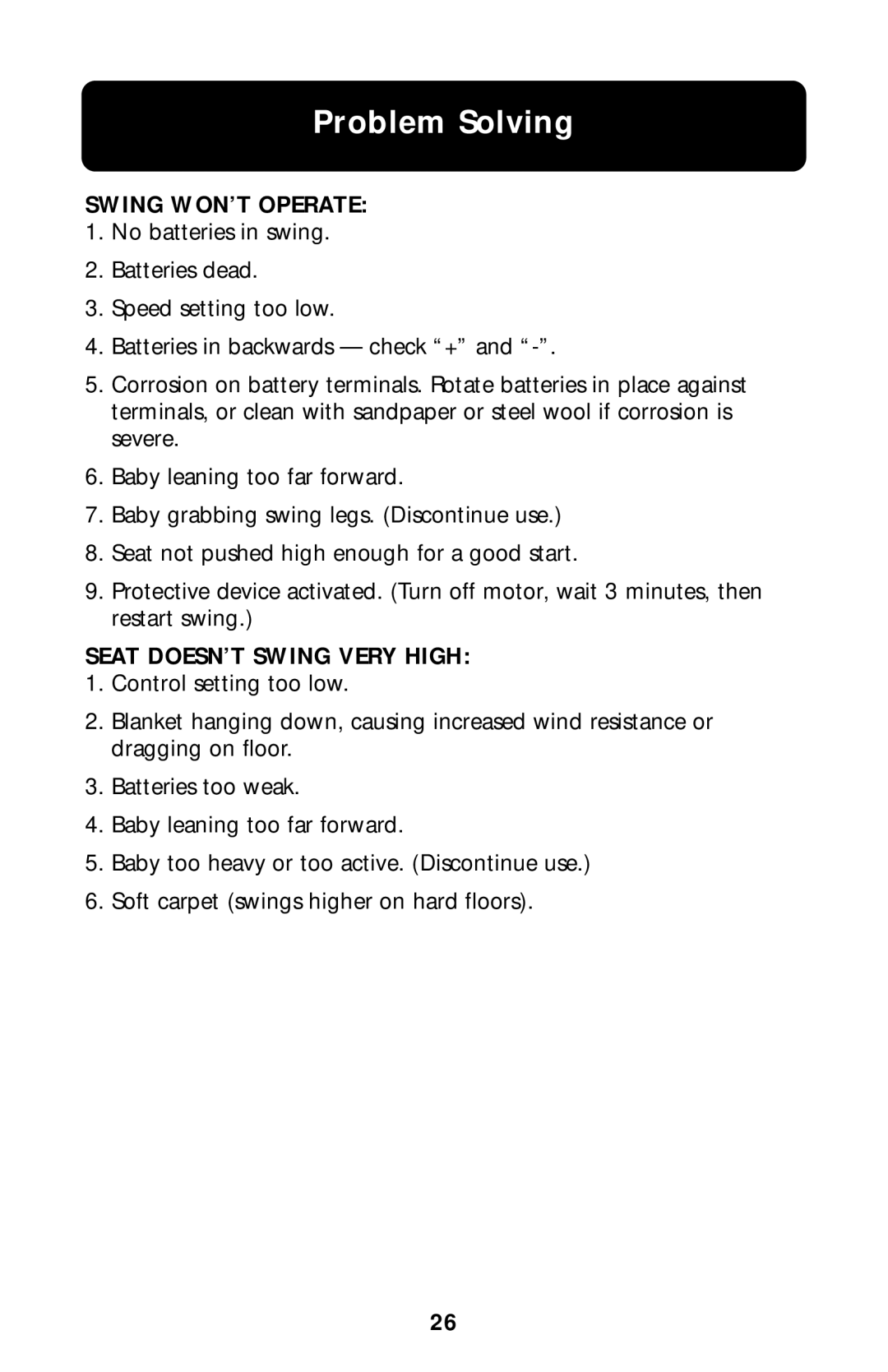 Graco Type 1850 manual Problem Solving, Swing WON’T Operate, Seat DOESN’T Swing Very High 