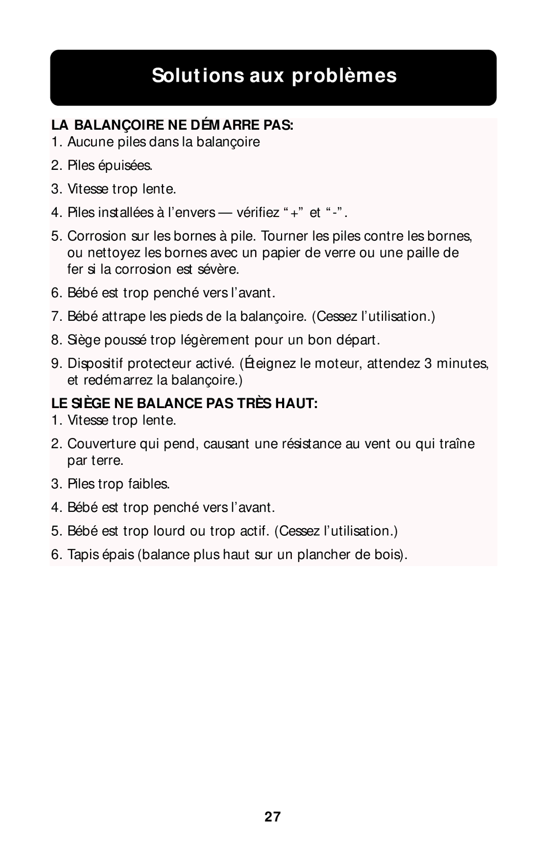 Graco Type 1850 manual Solutions aux problèmes, LA Balançoire NE Démarre PAS, LE Siège NE Balance PAS Très Haut 