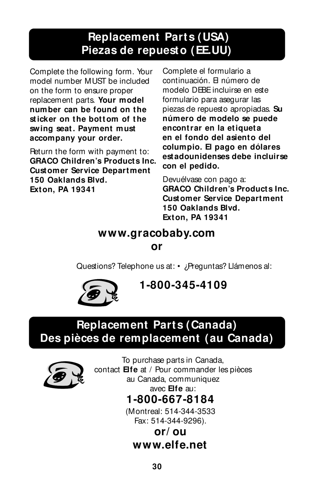 Graco Type 1850 manual Replacement Parts USA Piezas de repuesto EE.UU, Or/ou 