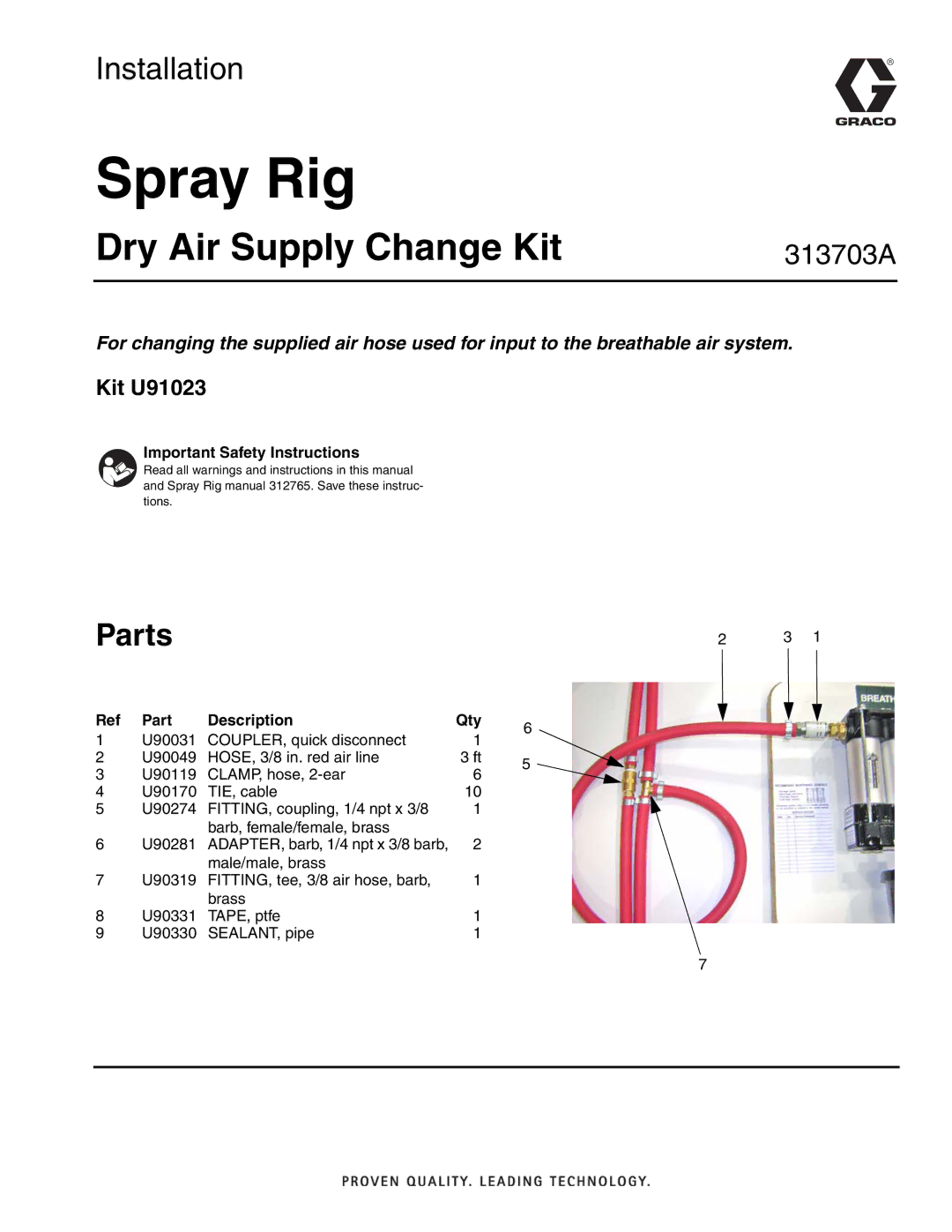 Graco U91023 important safety instructions Spray Rig, Parts 